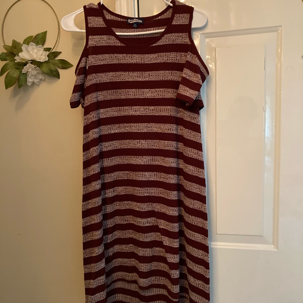 High-low maroon and gray striped dress